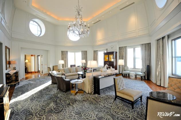The 'great room' inside the Presidential Suite at the Mandarin Oriental, Washington D.C. boasts soaring double-height ceilings and seats more than 20.